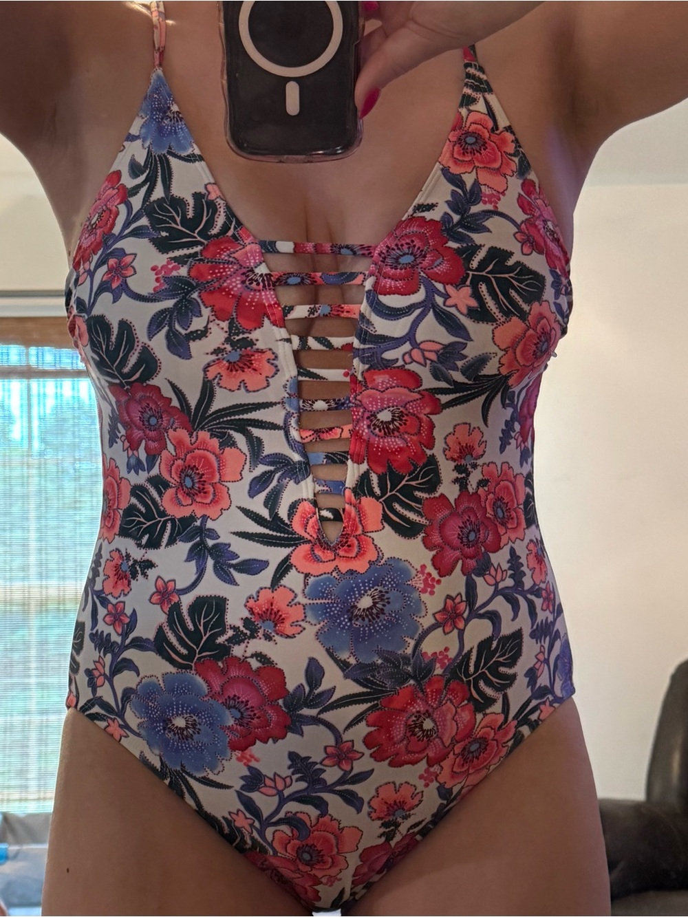 Floral Strappy One-Piece Swimsuit in Pink and Blue